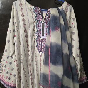 Charming Beige and Blue Embroidered Kurta by Nishat Linen